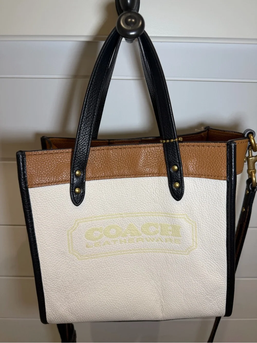 Coach Field Tote 22 White, Tan & Black Leather Crossbody Bag with Strap